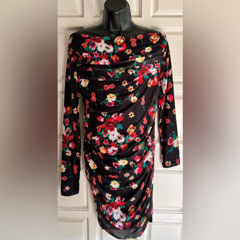 Black Floral Ruched Long Sleeve Dress